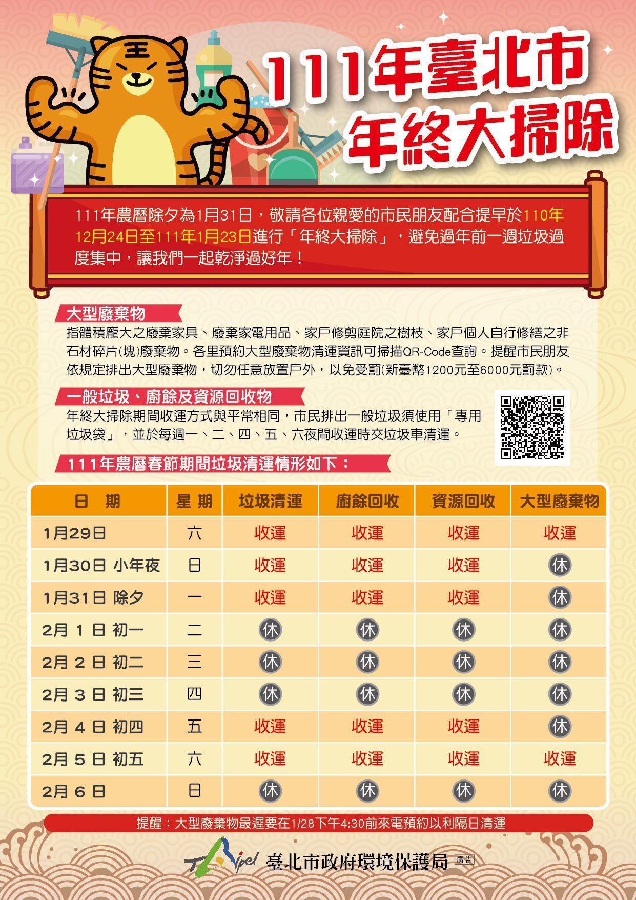 環保局公布2022年春節期間垃圾收運情形，小年夜雖逢週日，但仍有收運垃圾。（北市府提供）