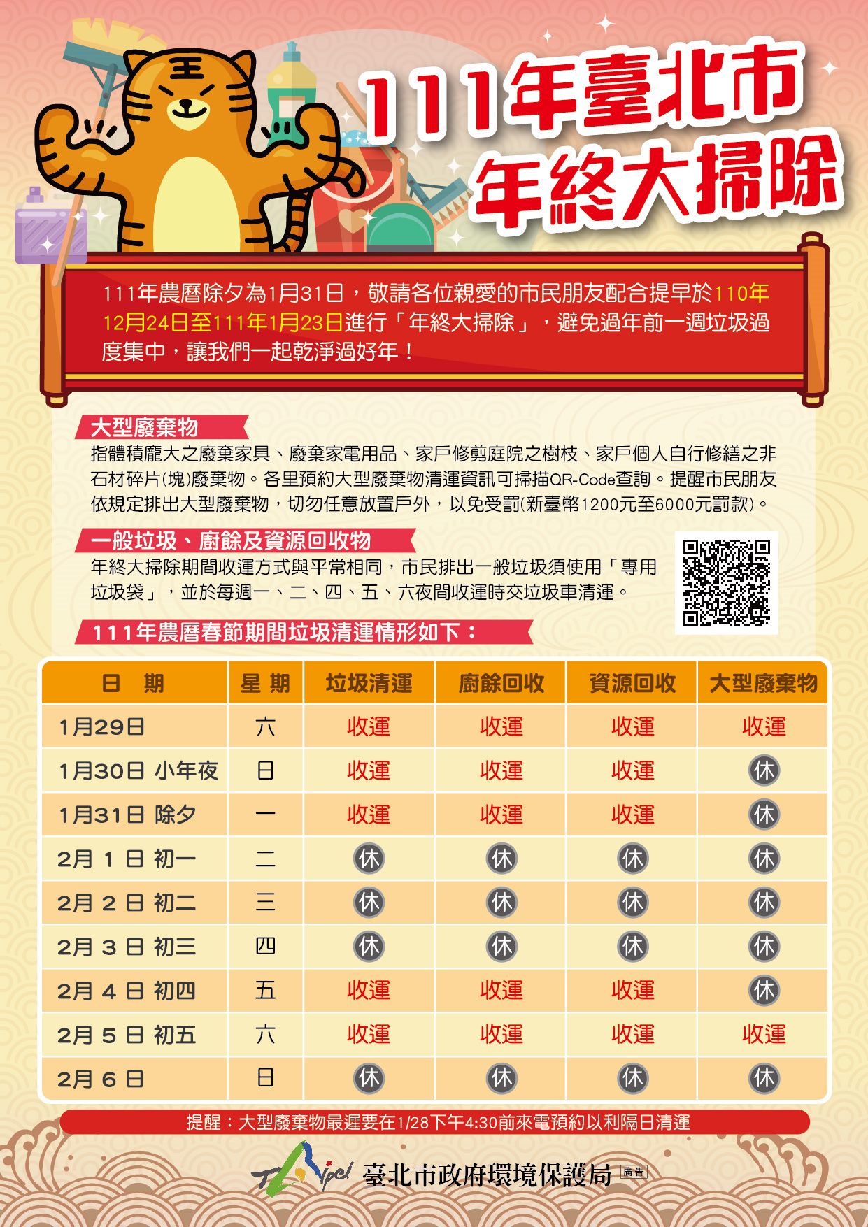 環保局公布2022年春節期間垃圾收運情形,小年夜雖逢週日,但仍有收運垃圾。(北市府提供)