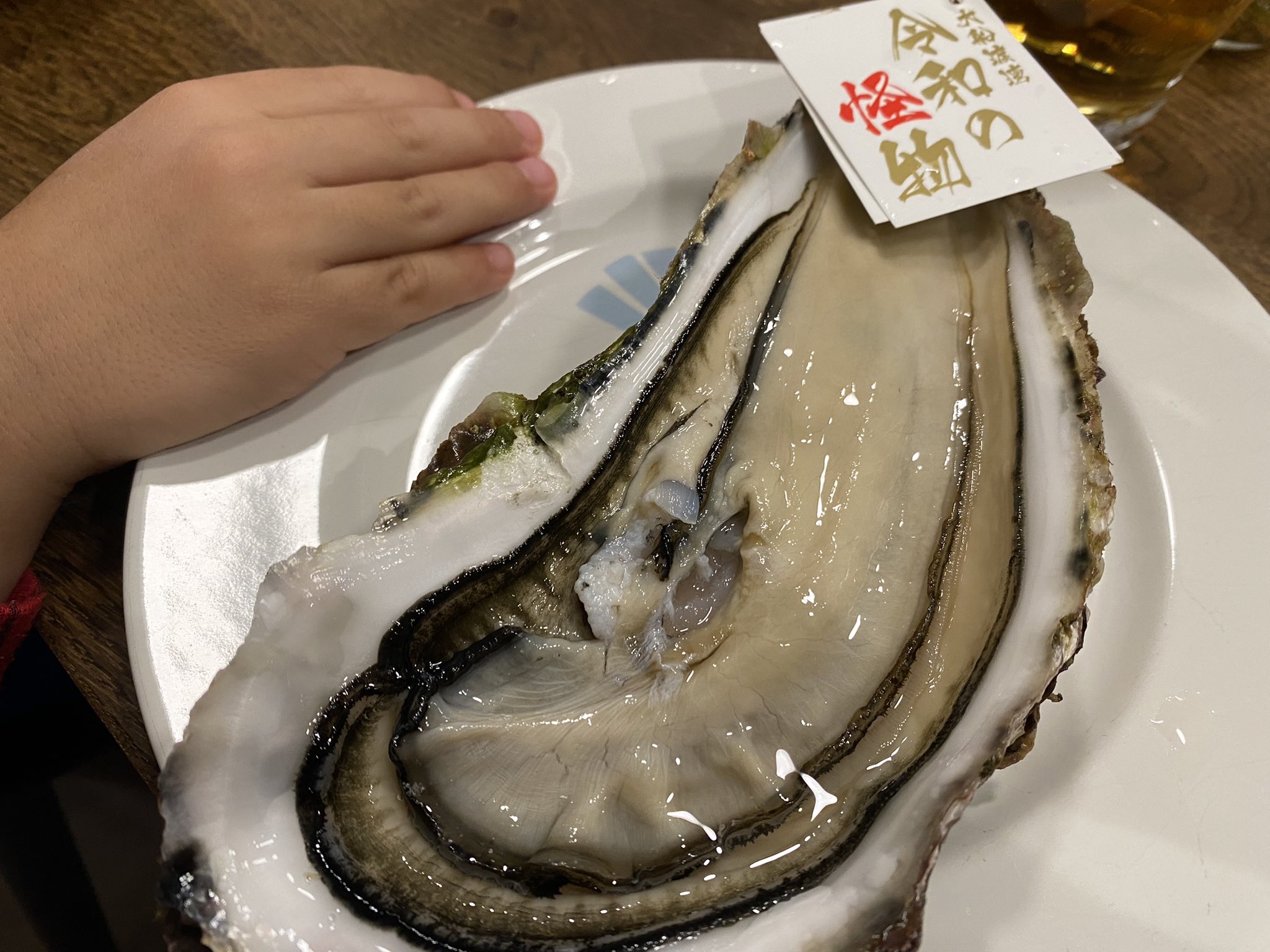 有日本網友在推特上po出一張近20公分的巨無霸牡蠣照片，直呼它大到簡直是「令和怪物」。（翻攝自@MitsuPongPong推特）