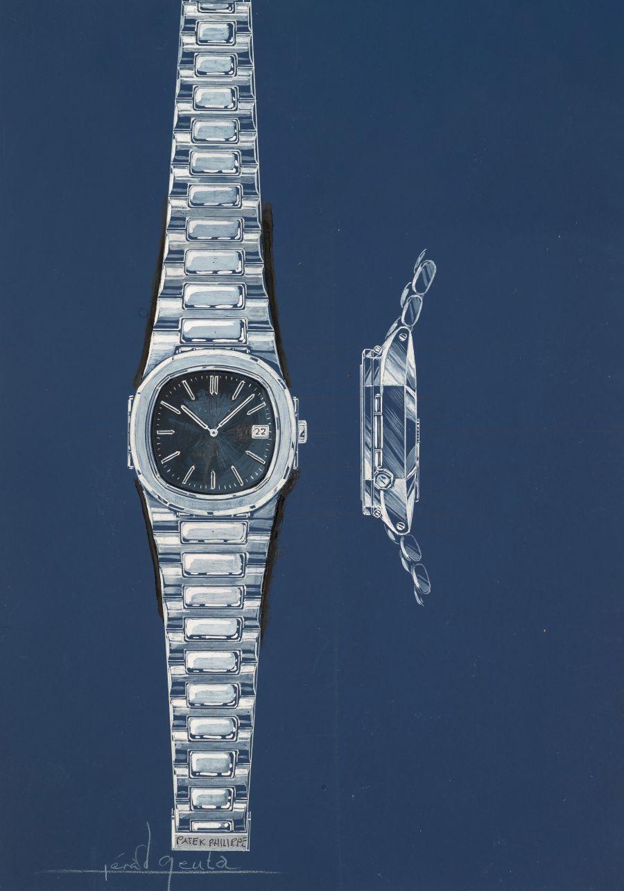 Gerald Genta為Patek Philippe設計的Nautilus系列的設計圖，是少數同時也繪製了手錶側面輪廓的手繪圖稿。