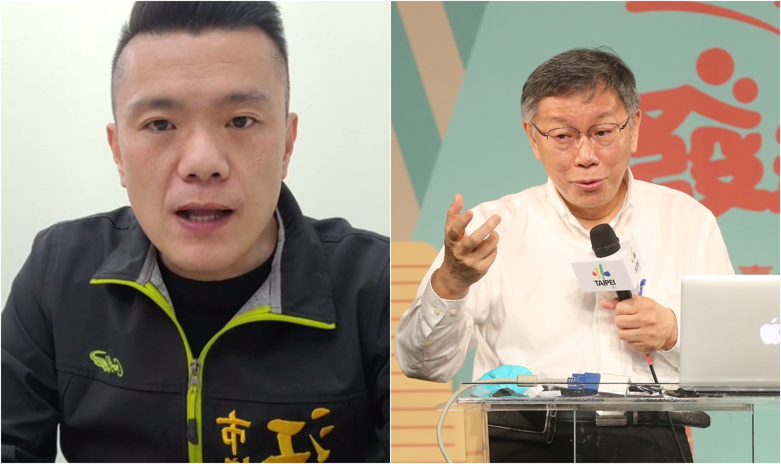 台中里長江和樹（左）表態挺顏寬恒，並自曝因此遭到恐嚇，民眾黨主席柯文哲（右）強調是他個人立場。（左圖翻攝自江和樹臉書）