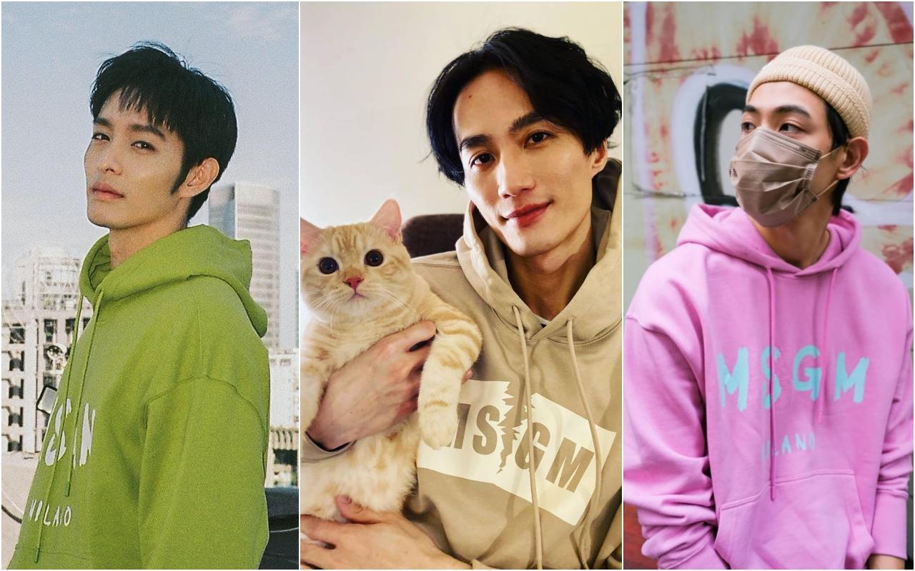 曹佑寧(左起)、李英宏、連晨翔分別以不同顏色的Logog系列帽T展現自我穿搭流行。(藍鐘提供)
