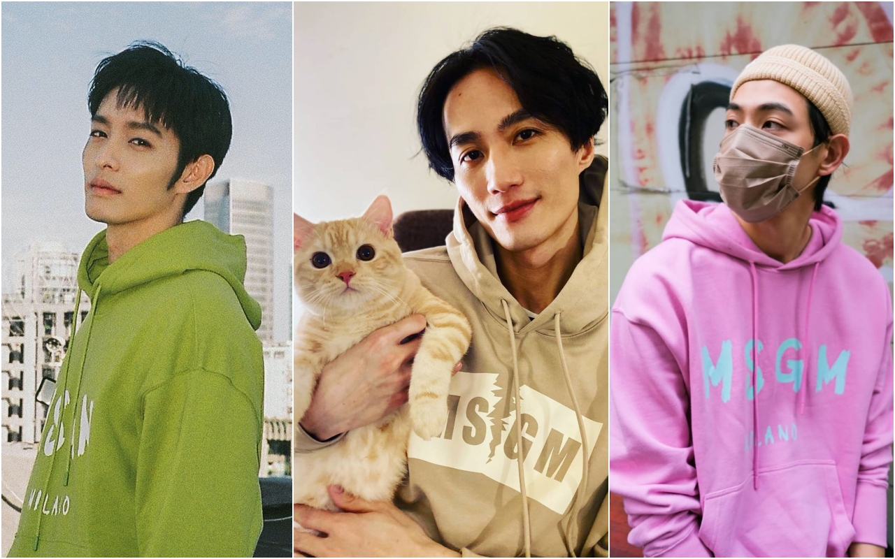 曹佑寧（左起）、李英宏、連晨翔分別以不同顏色的Logog系列帽T展現自我穿搭流行。（藍鐘提供）