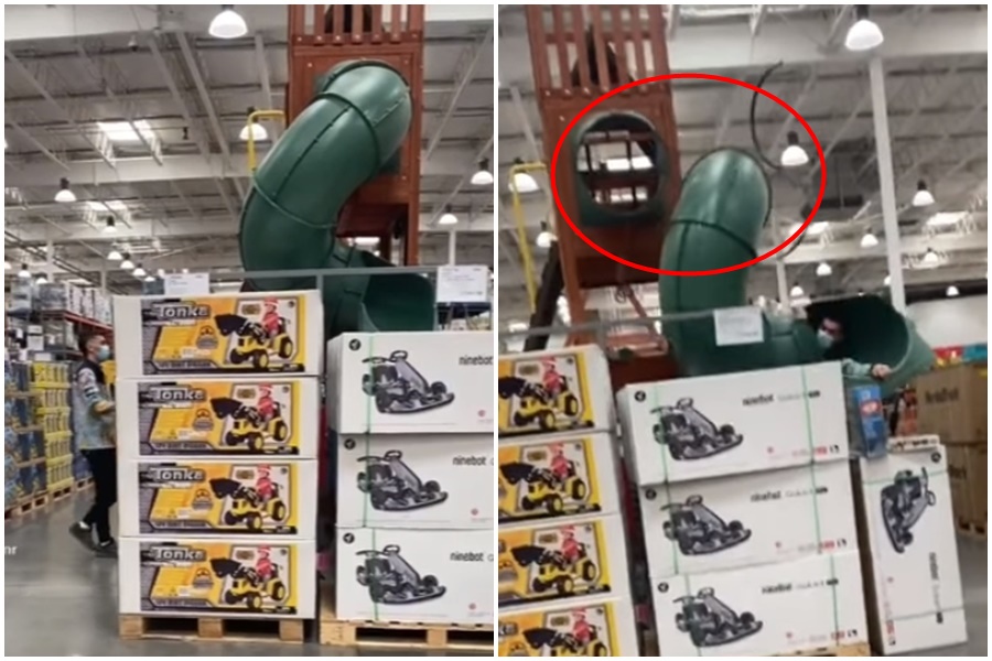 一名男子爬上Costco的溜滑梯「展示品」，不慎摔落地板，巨大聲響嚇壞現場民眾。（翻攝自爆廢公社）