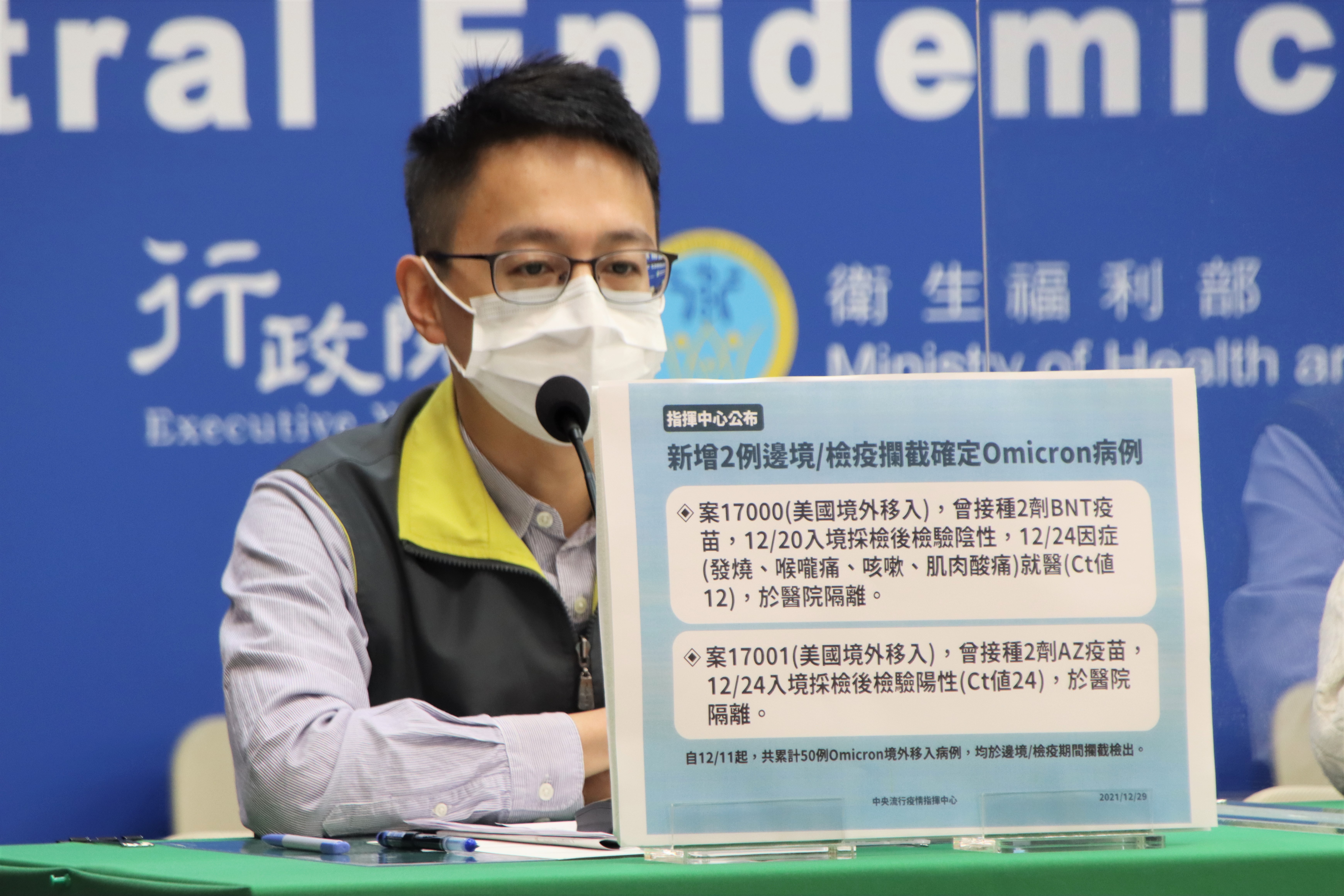 醫療應變組副組長羅一鈞表示，今天再度攔截到2例Omicron確診者，國內累積Omicron確診者共有50人。（指揮中心提供）