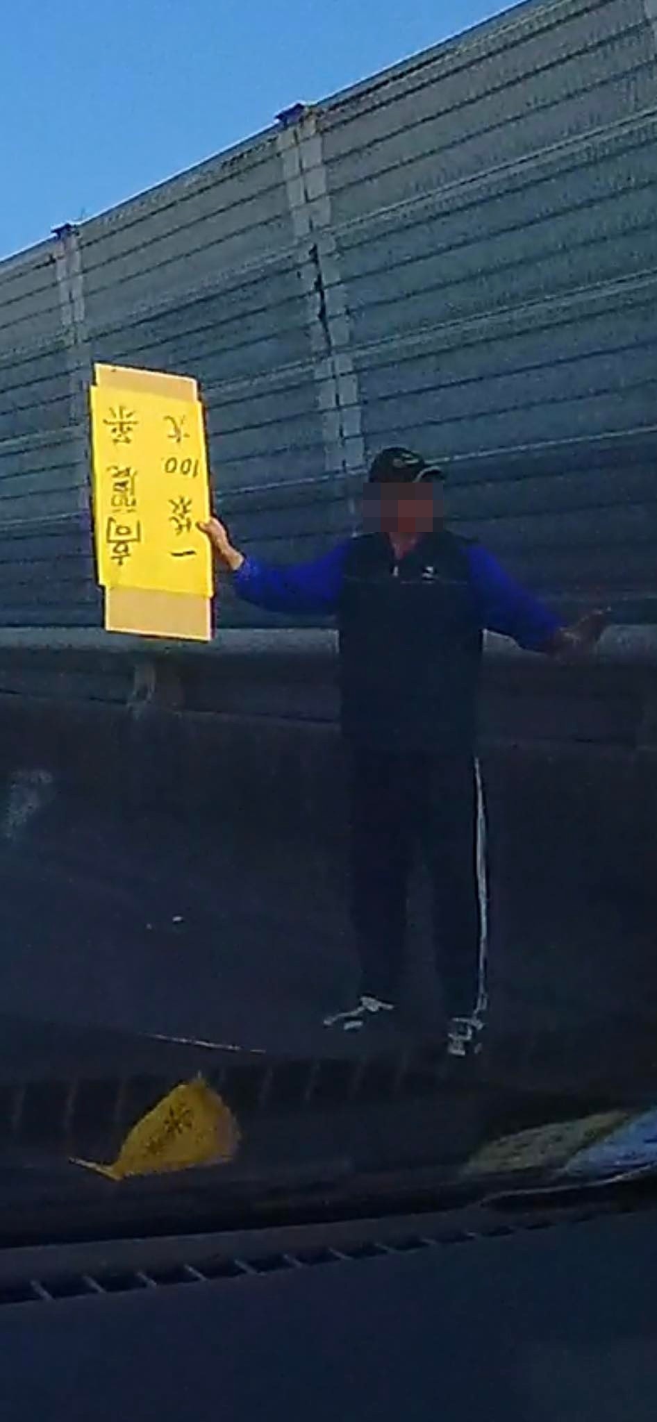 有網友在國道上看見有人手拿「高麗菜1袋100」的標語。（翻攝自爆廢公社）