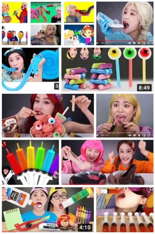 盛行於YouTube頻道的「艾莎門」影片,內容非常詭異。(翻攝Dcard)