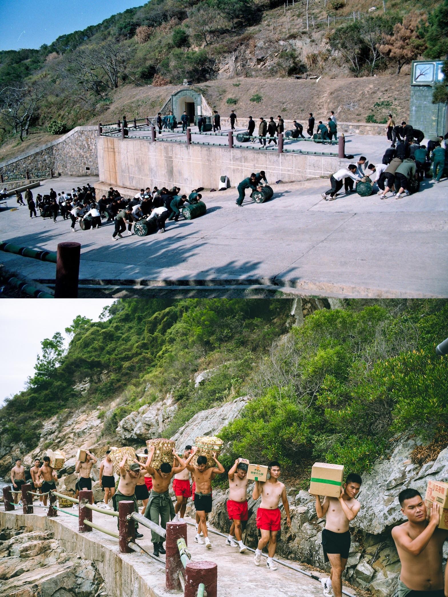 汪怡昕服役的高登島，民生物資都得人力運送（上圖），他將當年情景於《國際橋牌社2》中重現（下圖）。（汪怡昕、馬克吐溫提供）