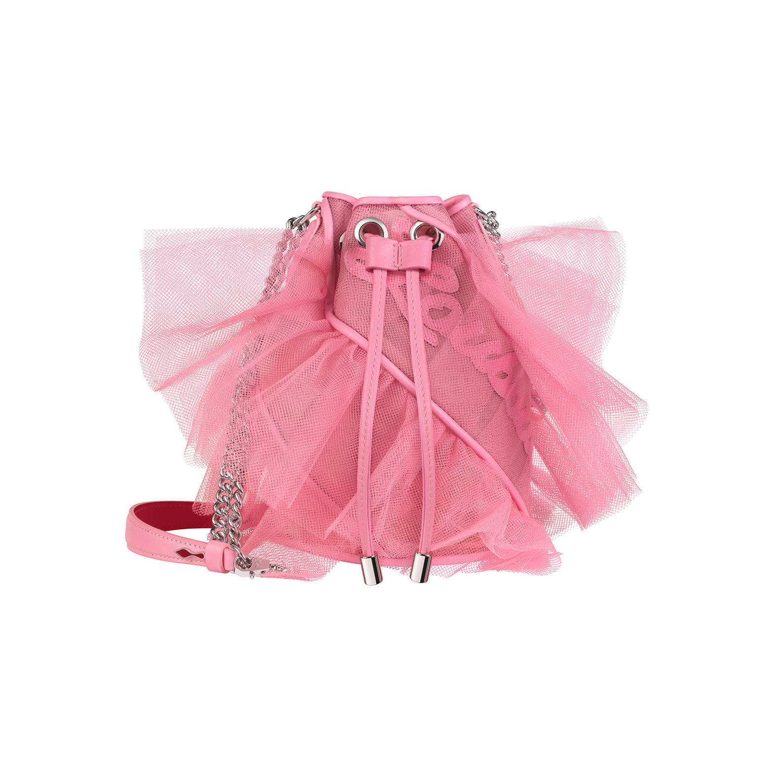 Marie Jane Bucket Fringes粉色薄紗蕾絲手袋。NT$61,200(Christian Louboutin提供)