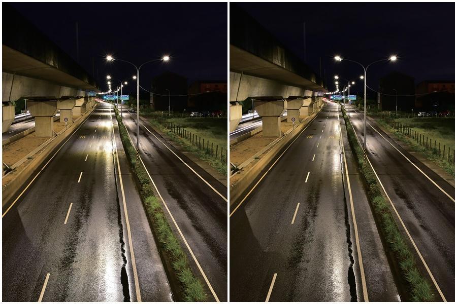 即使雨後路面濕滑,相較於照度光型(左圖),路面標線在輝度光型(右圖)的照明下仍清晰可視。