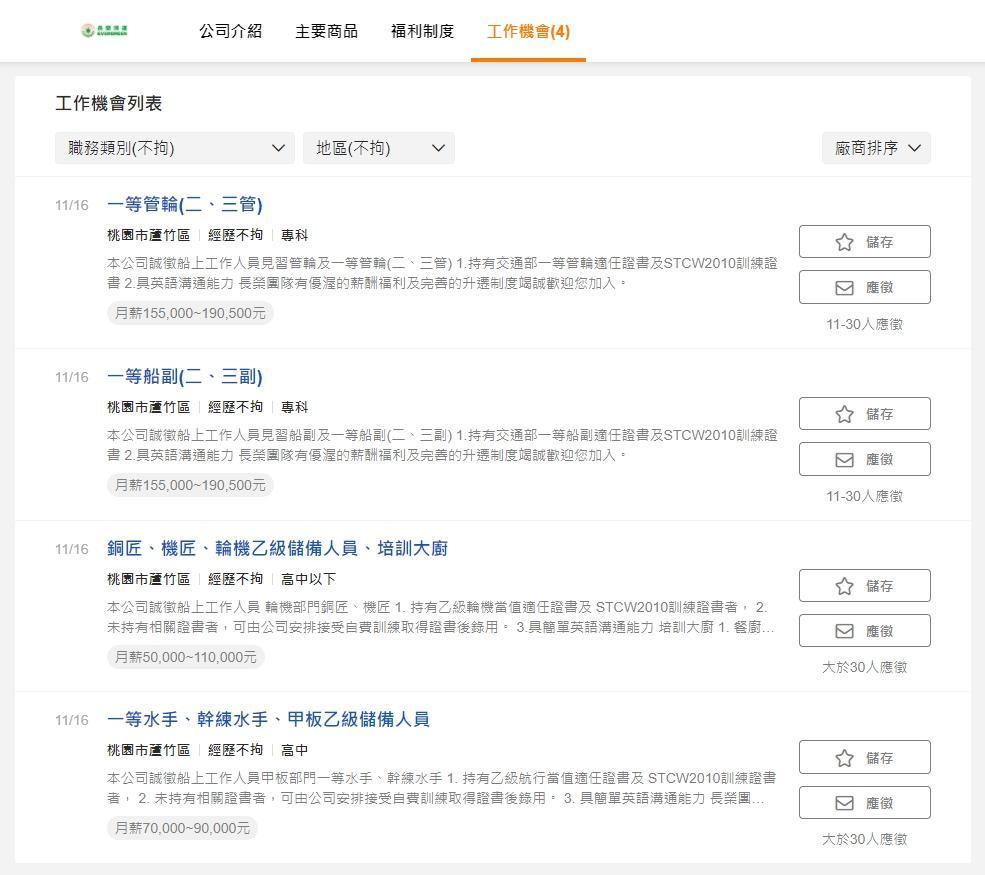 根據長榮海運104徵才頁面，「一等管輪」及「一等船副」最高月薪有19萬元。（翻攝自104人力銀行網站）