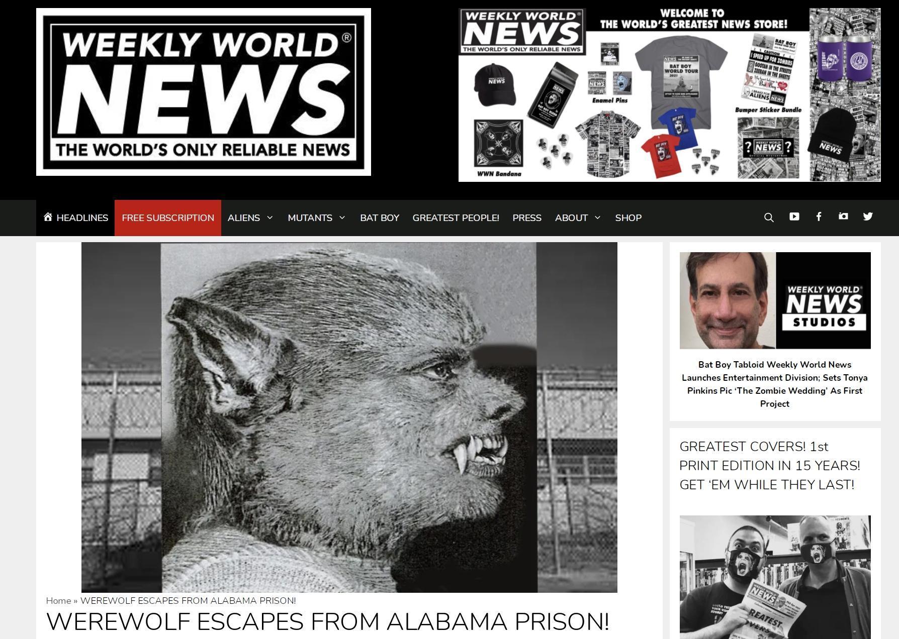 《世界新聞周報》官方的惡作劇報導原文。（翻攝Weekly World News官網）