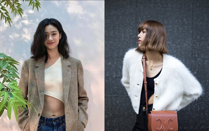 （左起）鄭浩妍、Lisa皆選穿CELINE細羅紋羊毛TRIOMPHE刺繡單肩不對稱連身衣為內搭。（合成照片）