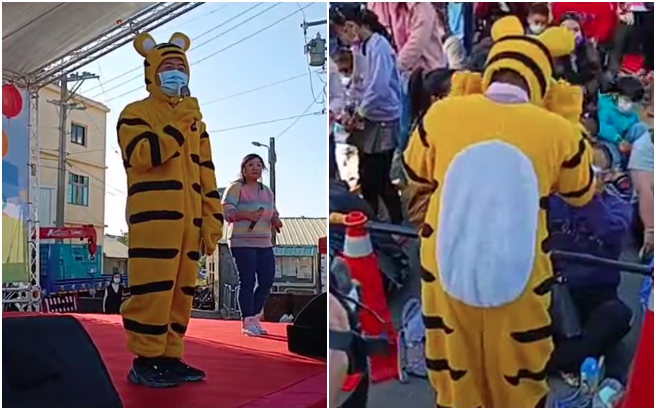 顏寬恒出席親子活動時，不小心把老虎布偶裝穿反了，引發網友熱議。（翻攝自顏寬恒臉書）