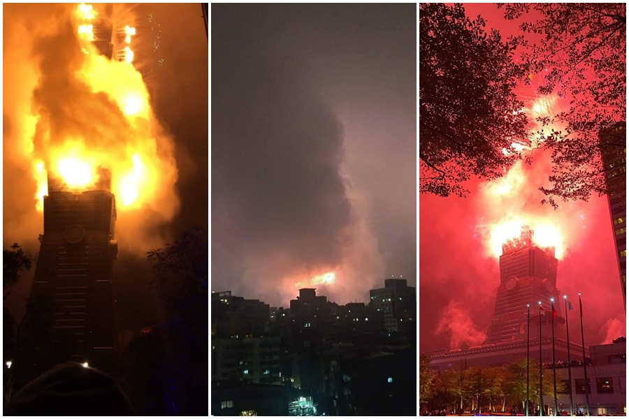 網友分享一系列走鐘的101煙火照，乍看還以為101失火了。（翻攝自臉書社團「爆廢公社公開版」）