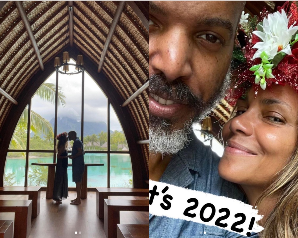 荷莉貝瑞上傳了跟男友親吻的照片，乍看之下以為是結婚，但其實往左滑還有另外一張「終於是2022年！」（翻攝自Halle Berry Instagram）