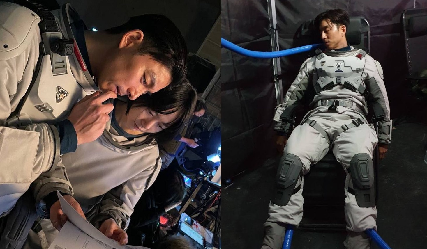 孔劉（左圖左）與裴斗娜拍攝《寧靜海》穿著厚重的太空裝上戲，還被捕捉到累翻昏睡的畫面（右圖）。（翻攝自孔劉Instagram）