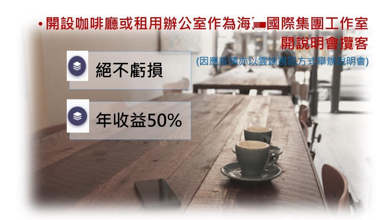 吸金集團宣稱「保證不會虧損」「每月獲利5%」「換算年利率高達60%」等話術,鼓吹民眾投資。(刑事局提供)