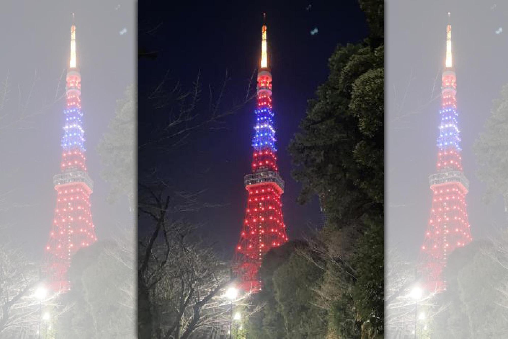 東京鐵塔台灣祭2日舉行新年點燈儀式,於東京鐵塔點亮台灣國旗色彩,展現台灣和日本間的友好情誼。(台南市政府提供)