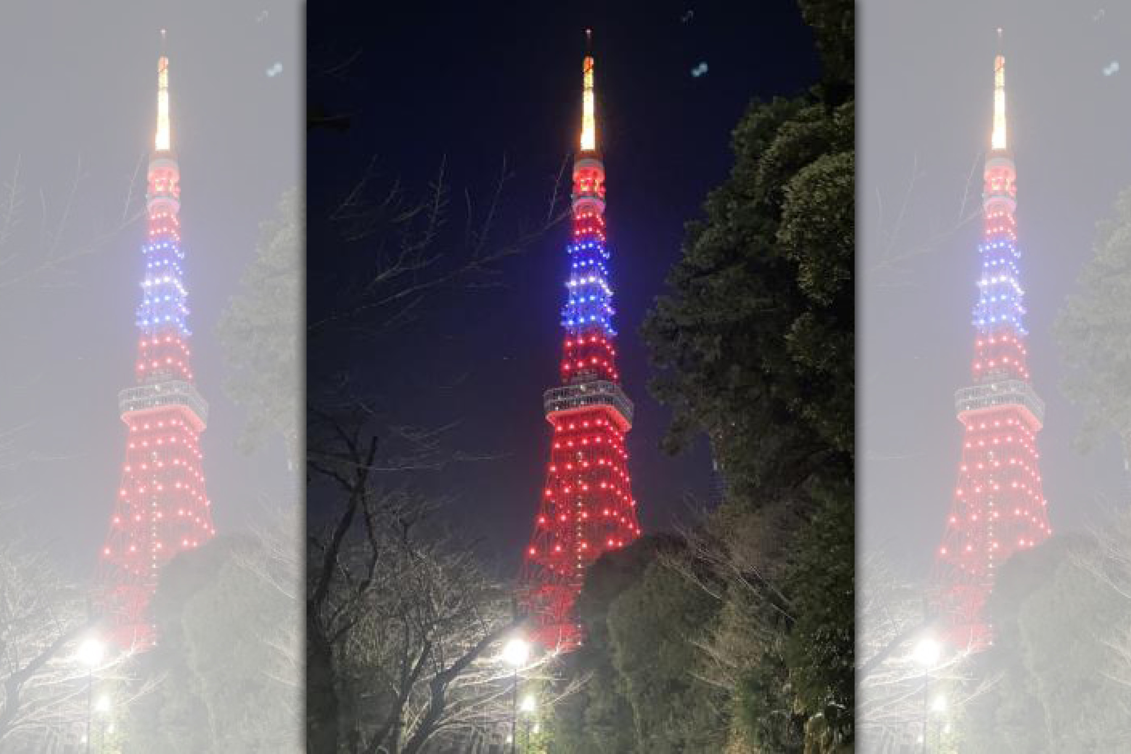 東京鐵塔台灣祭2日舉行新年點燈儀式，於東京鐵塔點亮台灣國旗色彩，展現台灣和日本間的友好情誼。（台南市政府提供）