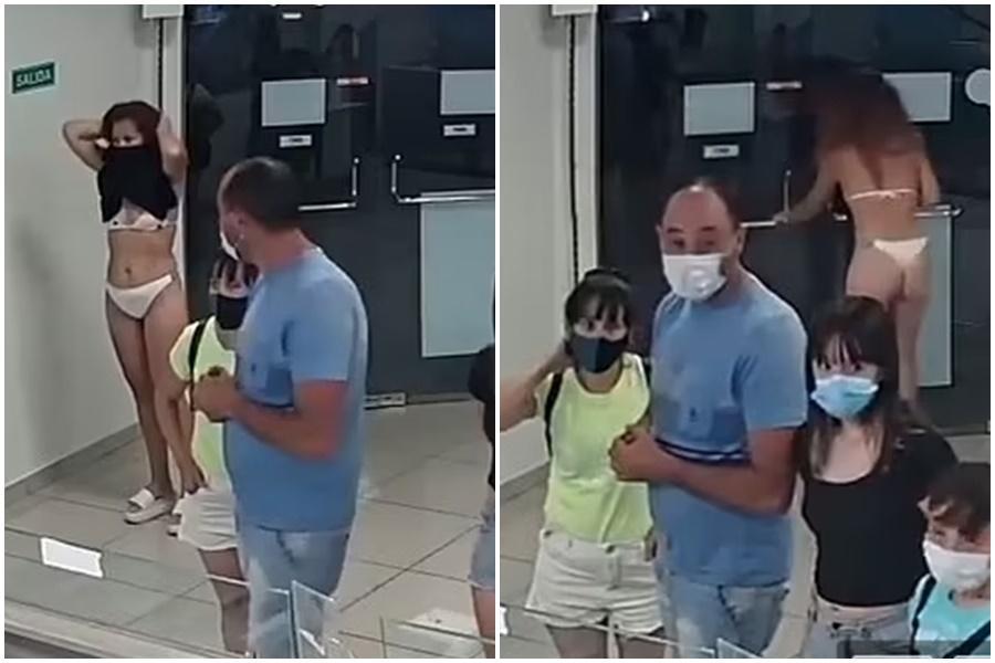 阿根廷一名女子因為沒戴口罩,便脫下裙子遮臉企圖進店消費。(翻攝自YouTube)