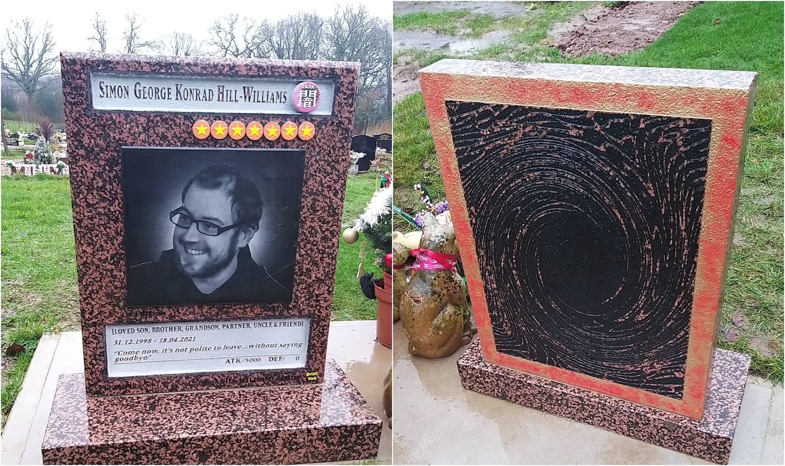 為了紀念熱愛遊戲王卡的兒子，英國有網友將墓碑特地做成卡片的造型。（翻攝自臉書）