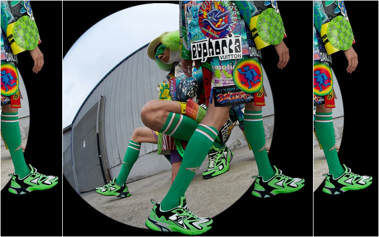 LV Runner Tatic第一版的綠色鞋款已於去年11月底的時候，在美國邁阿密首家男裝專賣店獨家販售。（合成照片）