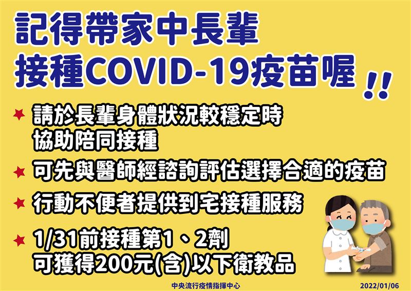 莊人祥呼籲,長者及其他 COVID-19感染後容易產生嚴重併發症之族群,儘速完成疫苗基礎劑接種。(指揮中心提供)