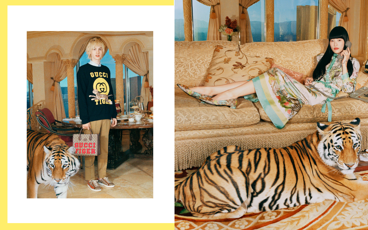 慶祝虎年的「Gucci Tiger」系列形象廣告，找來年度主角與超模共進下午茶。（Gucci提供）