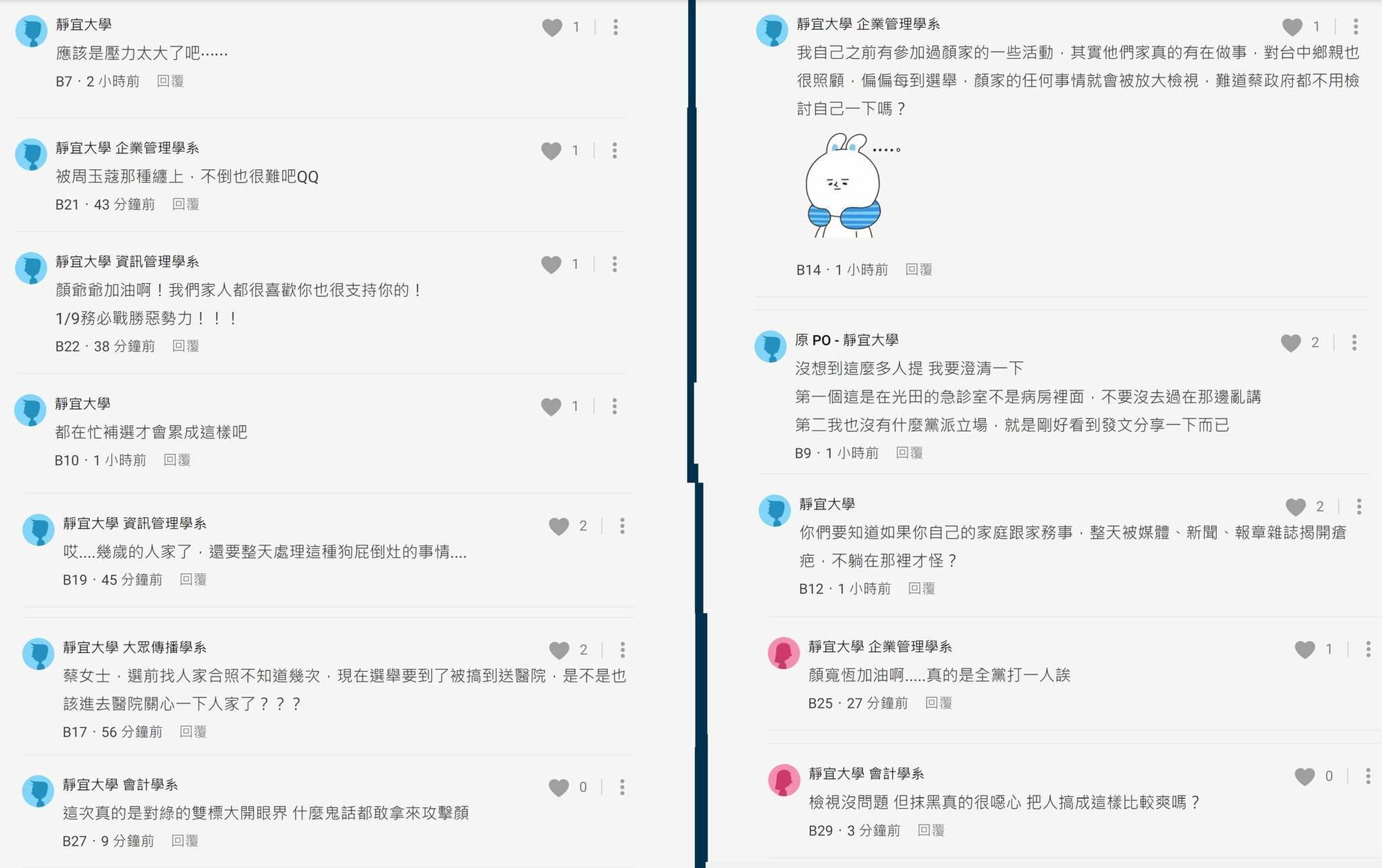 四叉貓發現，挺顏家的留言都是來自靜宜大學的學生。（翻攝自四叉貓臉書）