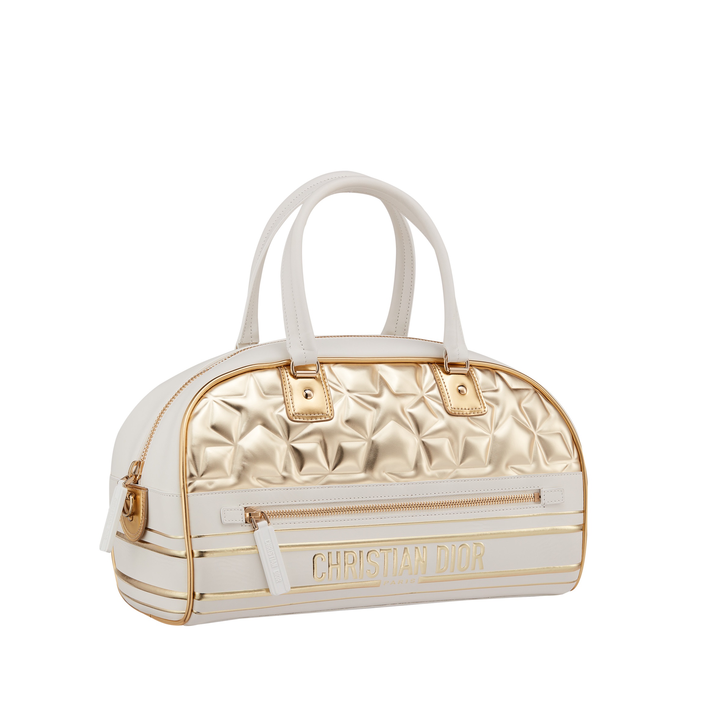 Dior Vibe Zip Bowling金色星星壓紋小牛皮中型提包。NT$145,000（DIOR提供）