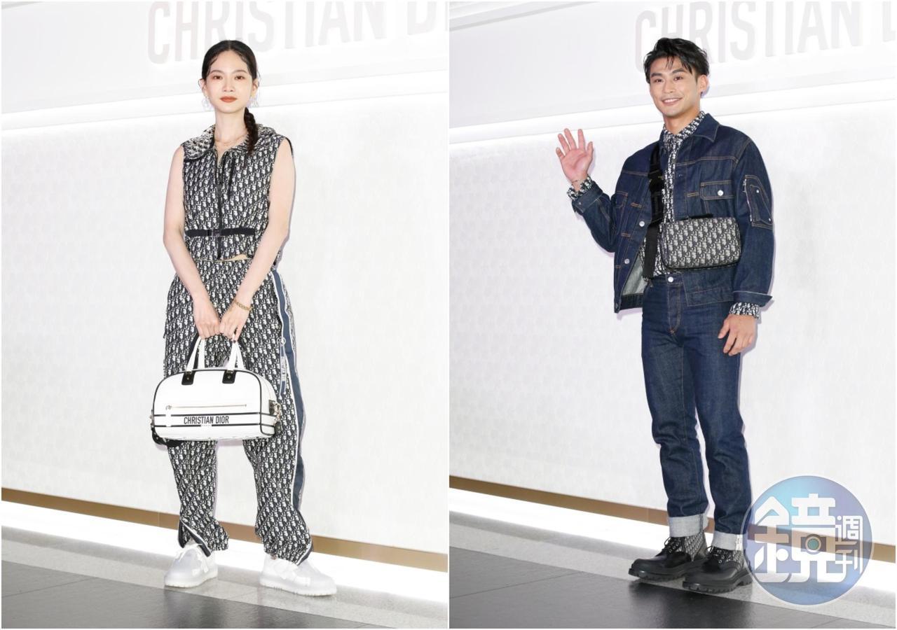 (左起)曾之喬身穿DIOR Oblique塔夫綢緹花背心NT$125,000、長褲NT$78,000、DIOR Vibe白色小牛皮提包NT$135,000、休閒鞋NT$36,000;楊勇緯的丹寧馬鞍夾克NT$50,000、牛仔褲NT$31,000、DIOR Oblique緹花襯衫NT$41,000、斜紋緹花帆布包款NT$66,000、小牛皮靴NT$48,000。