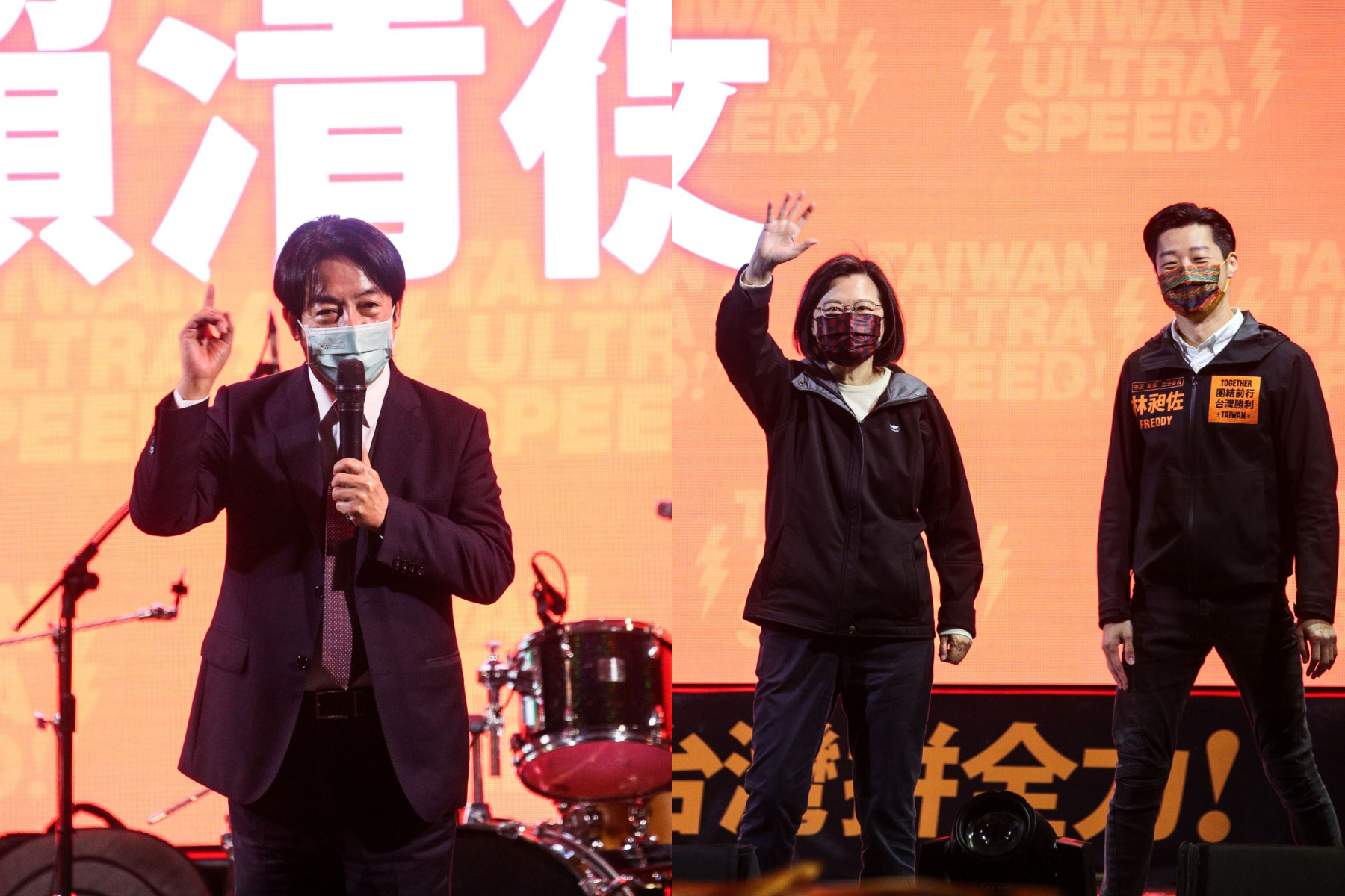 正副總統蔡英文（右圖左）和賴清德（左圖）今晚都現身立委林昶佐（右圖右）的造勢晚會現場，呼籲民眾站出來反對罷免。