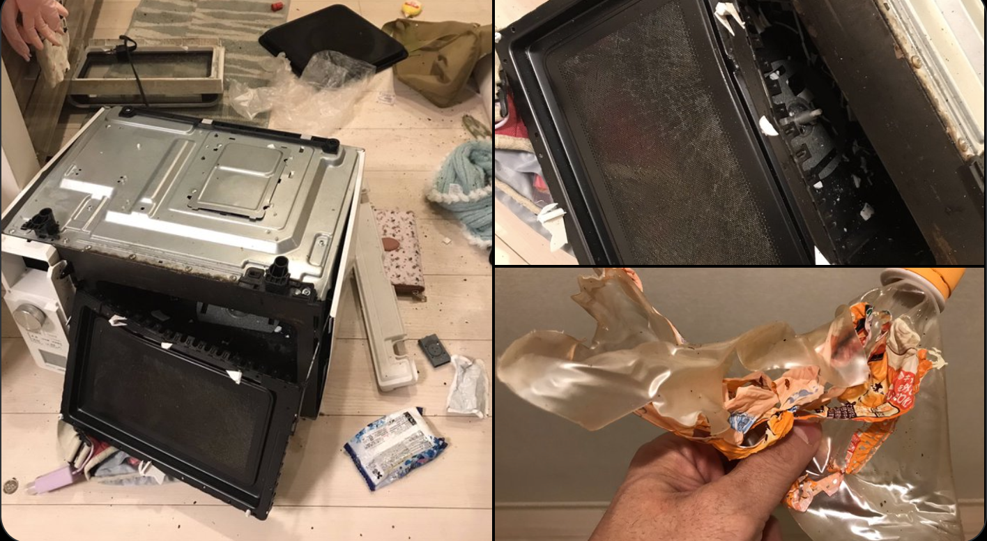 不當加熱寶特瓶飲料，整台微波爐被炸飛。（圖 町田志樹Twittwe，以下皆同）