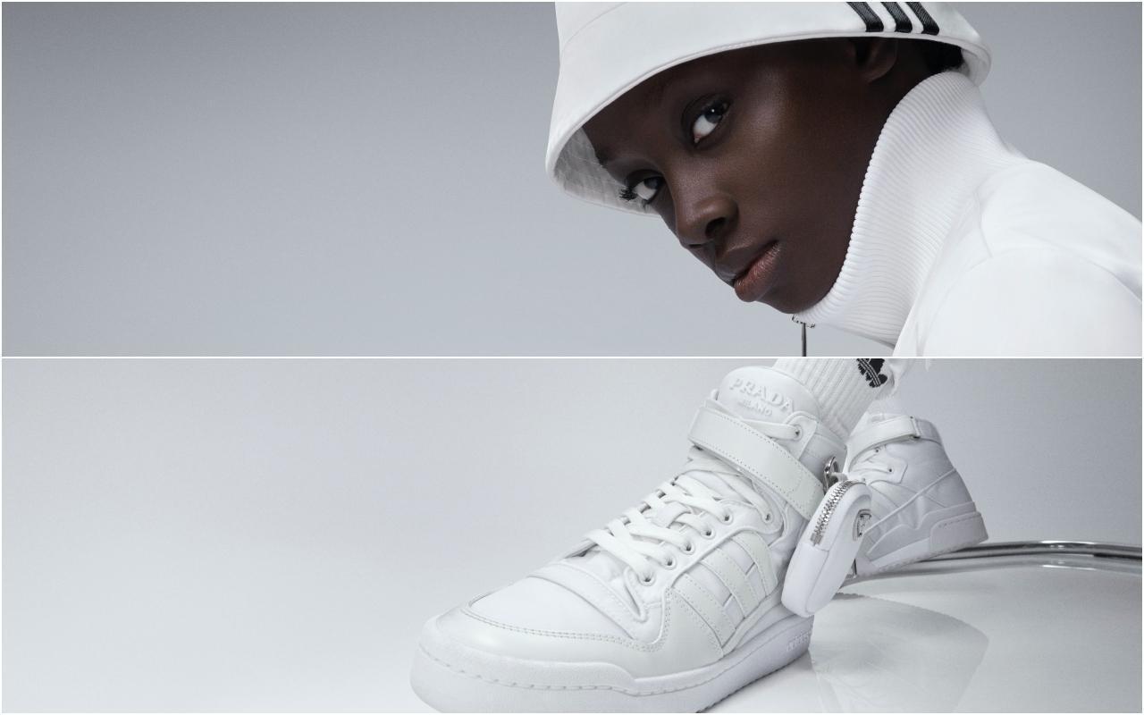 (圖上)PRADA adidas for Prada Re-Nylon系列漁夫帽NT$15,500、運動外套NT$55,000;(圖下)系列長褲NT$39,000、Forum高筒休閒鞋NT$39,000。(合成圖片)