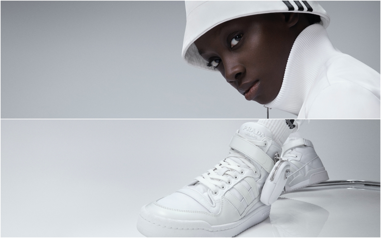 （圖上）PRADA adidas for Prada Re-Nylon系列漁夫帽NT$15,500、運動外套NT$55,000；（圖下）系列長褲NT$39,000、Forum高筒休閒鞋NT$39,000。（合成圖片）