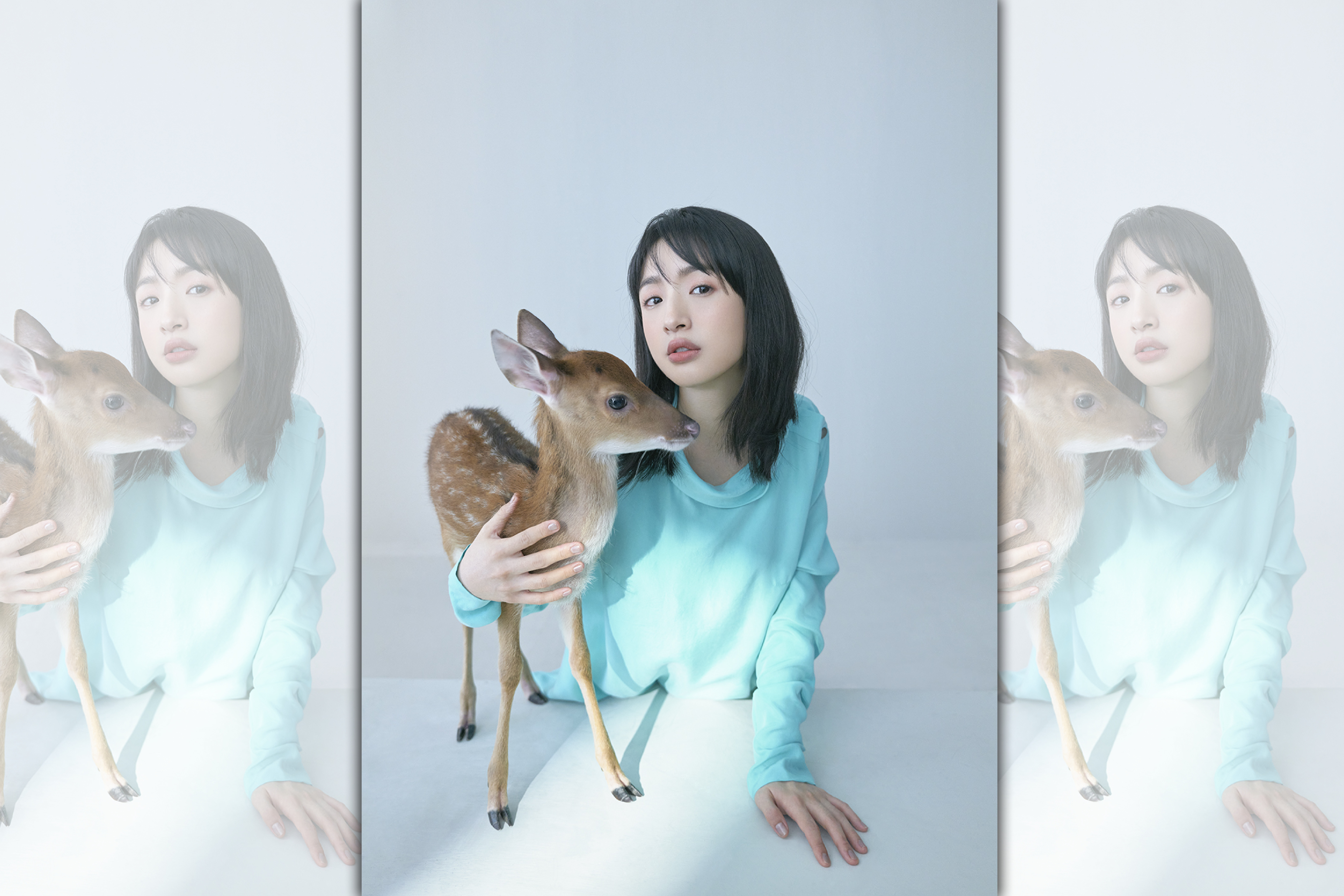 新手媽咪林依晨今年終於有新的演出計畫，她與小鹿親密互動，畫面唯美。（周子娛樂提供）