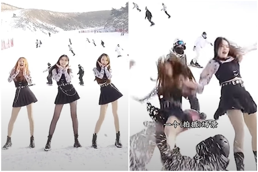 中國網紅女團拍廣告時遭到後方滑雪教練撞翻，畫面引起熱議。（翻攝自微博）