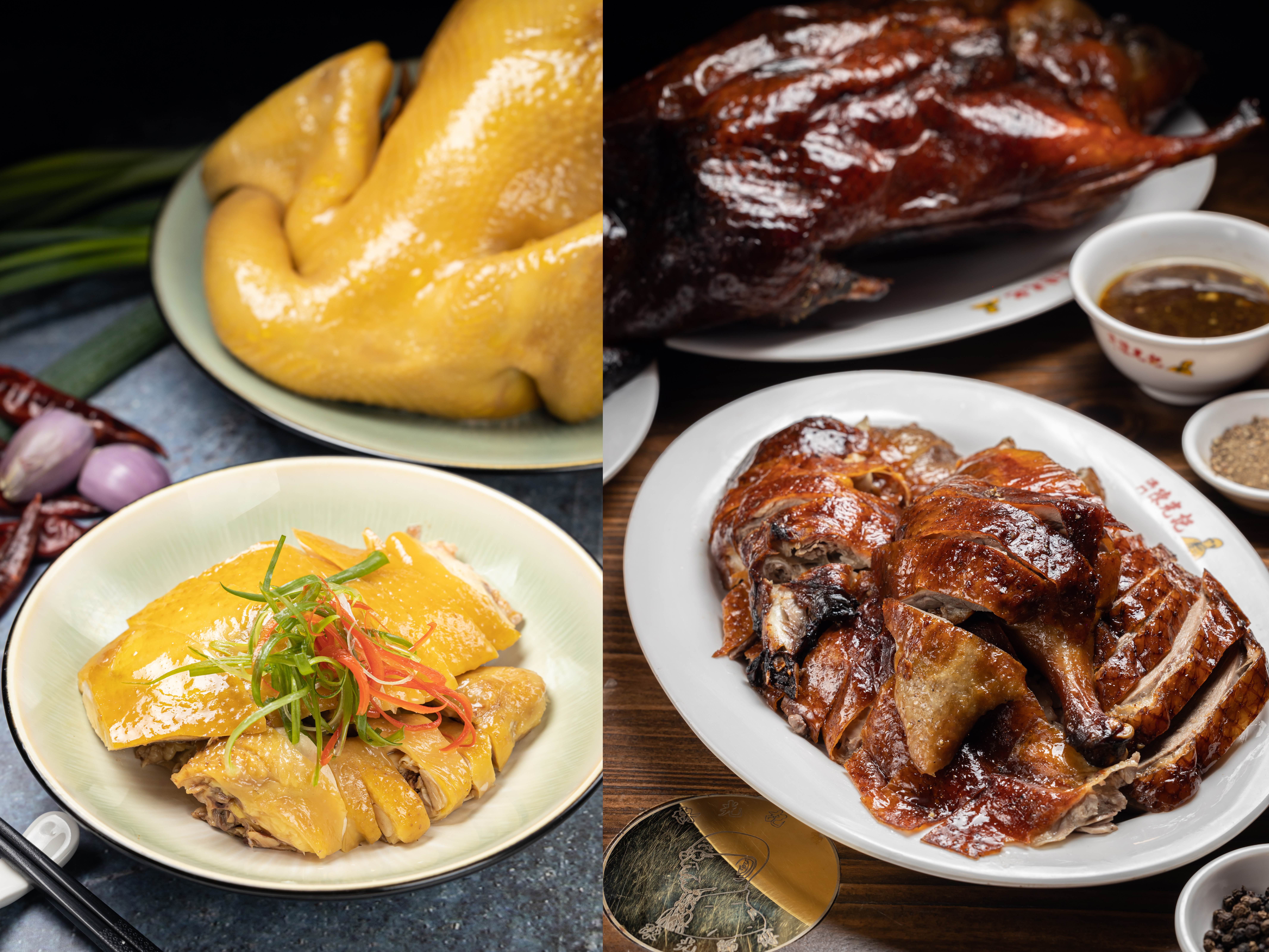港澳燒臘師傅善烹雞鴨，是過年餐桌的好幫手。香港代表「參柒貴妃雞」（左）鎖住文昌雞的肥美，澳門代表「陳光記」（右）則用獨門特調香料勾住饕客的胃。