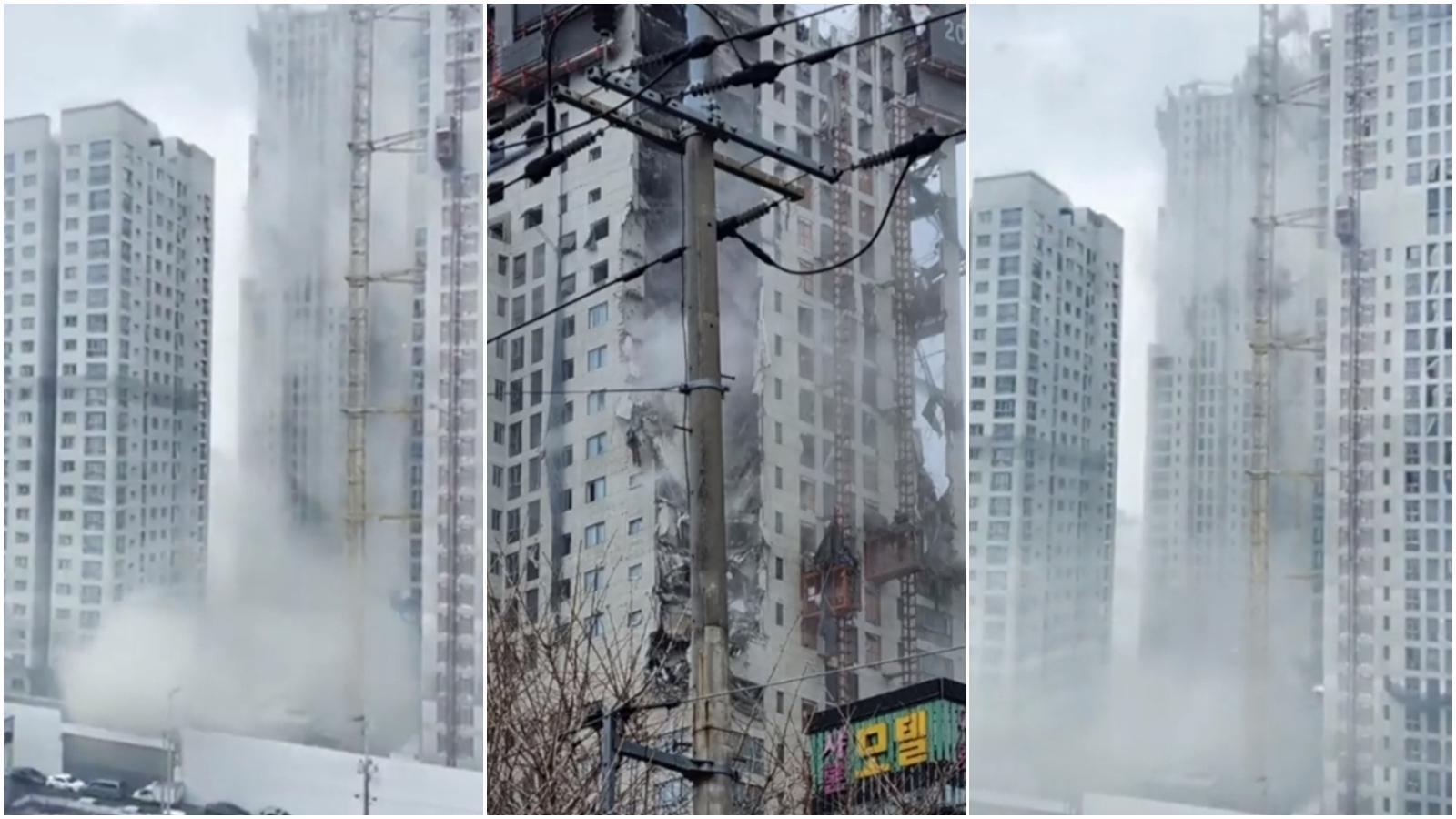 南韓光州一棟施工中的建築物突然發生外牆坍塌意外。(翻攝自鳳凰網推特)