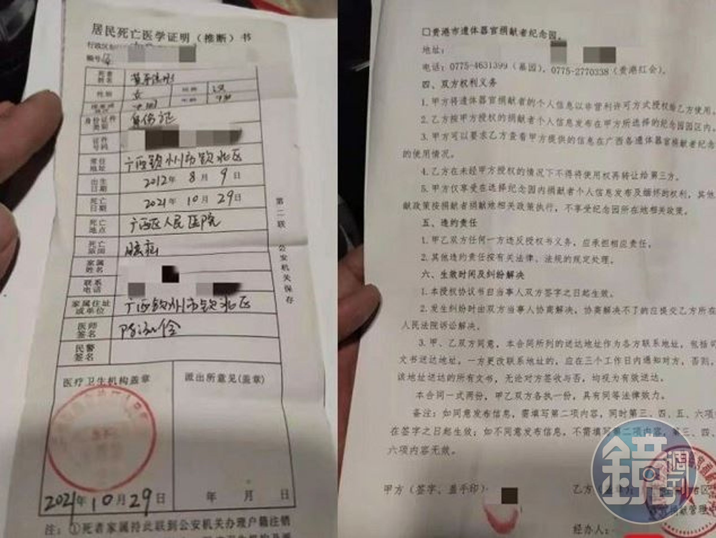 不料黃雅彤下午便因腦出血死亡。（死亡、器官捐贈證明，翻攝封面新聞）