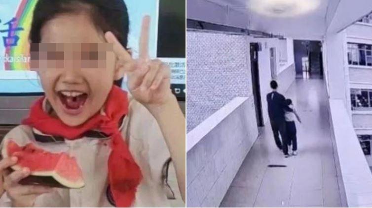 黃雅彤在學校被同學撞倒,導致頭部撞牆壁,由老師攙扶帶進辦公室。(翻攝封面新聞)