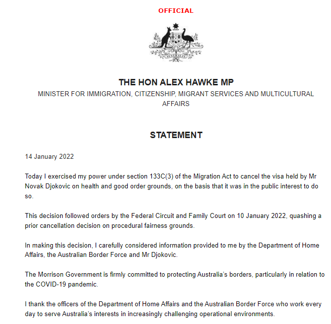 澳洲移民部長Alex Hawke聲明。(翻攝澳洲移民部官網)