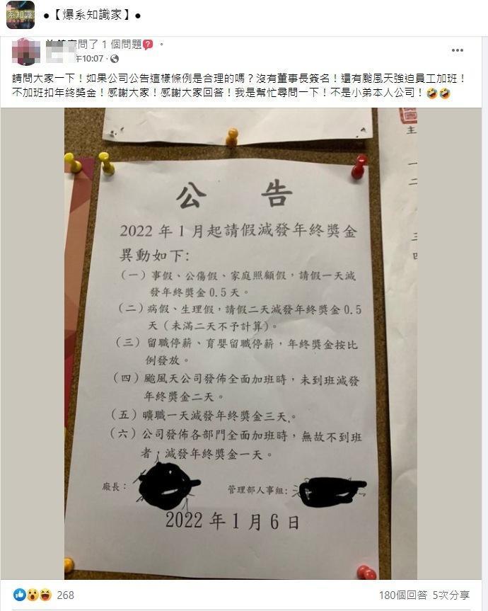 網友好奇,請假或不加班者被扣年終獎金是否合理?眾人一面倒表示「不違法」。(翻攝自臉書)