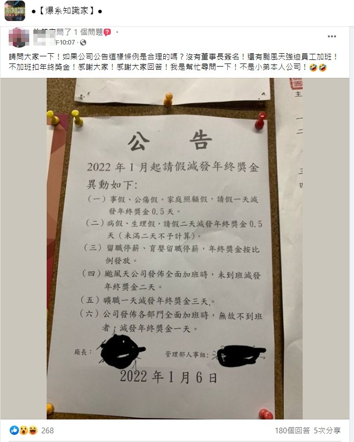 網友好奇，請假或不加班者被扣年終獎金是否合理？眾人一面倒表示「不違法」。（翻攝自臉書）