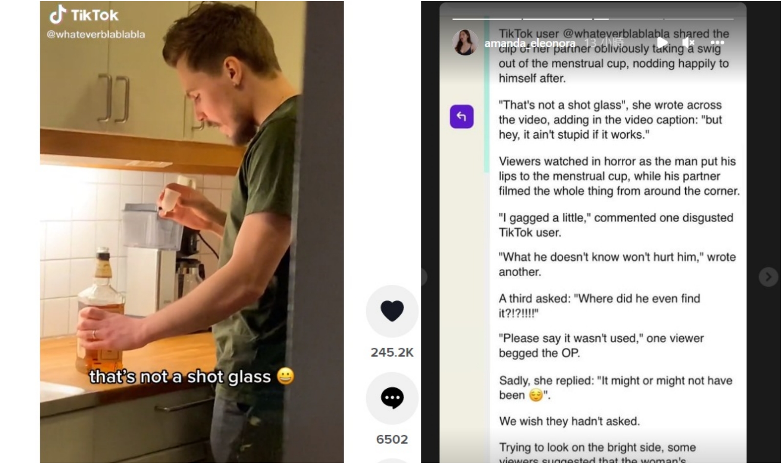 一名男子偷喝酒，手上的「杯子」竟是女生月事專用的月亮杯。（翻攝自Tiktok／Instagram）