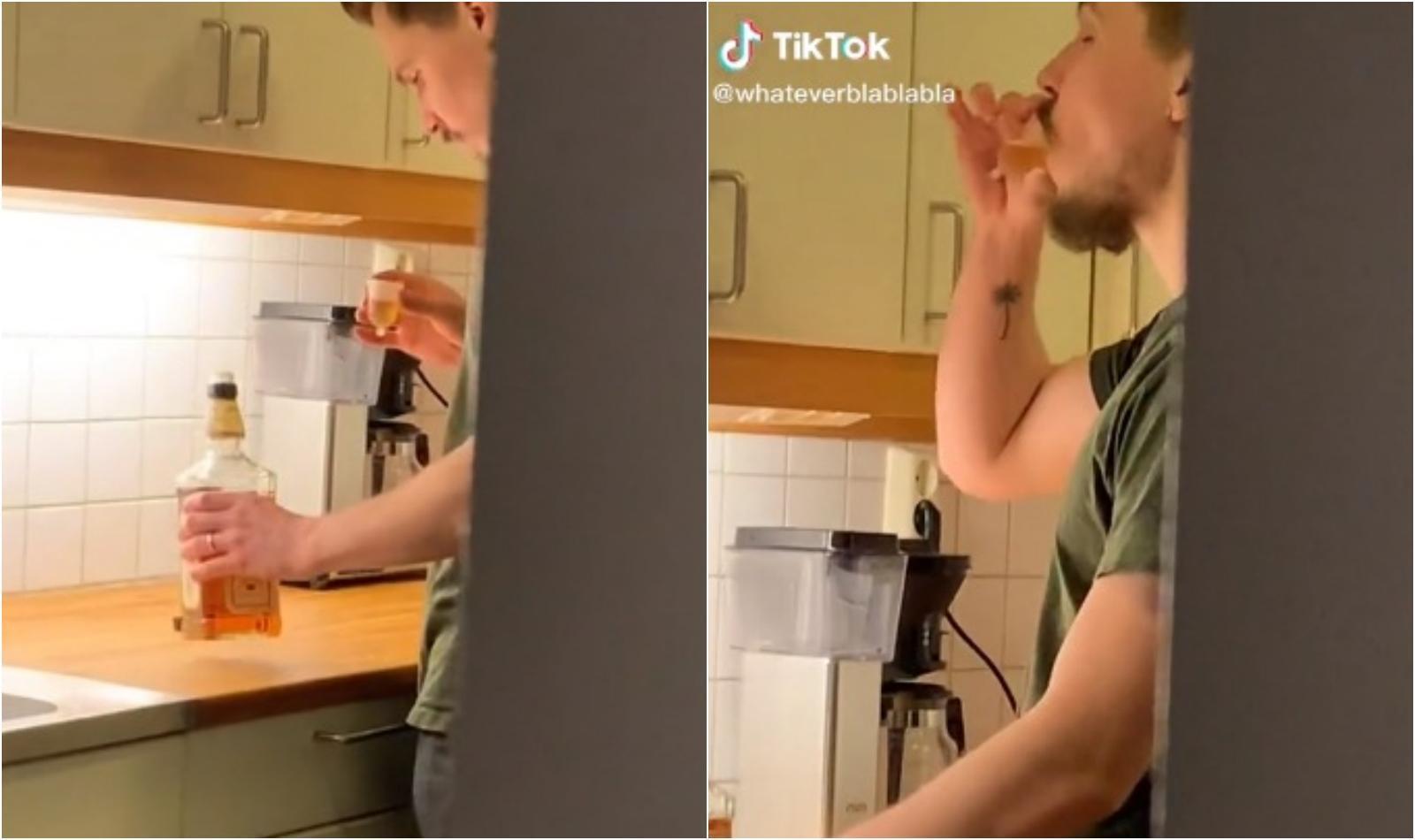 一名男子偷喝酒,手上的「杯子」卻嚇壞眾人。(翻攝自Tiktok)