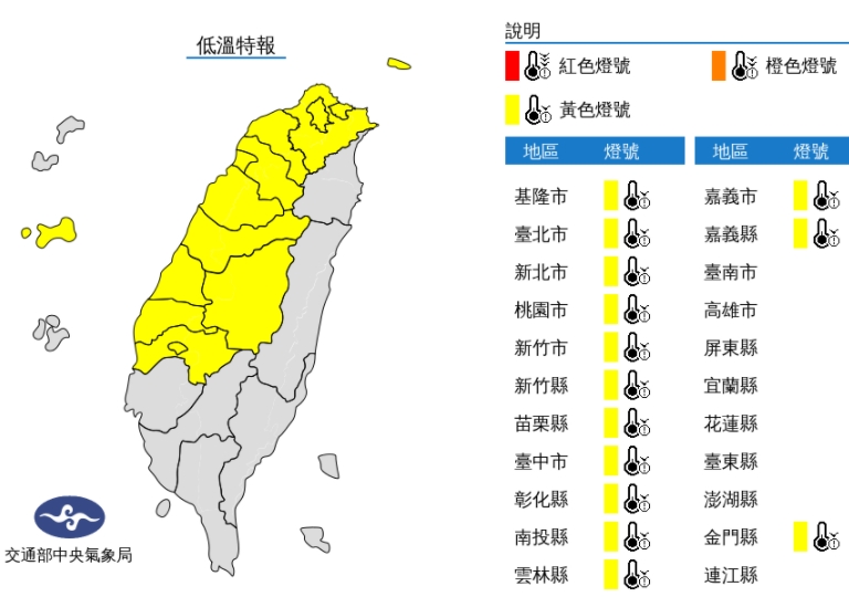 中央氣象局發布低溫特報。（中央氣象局提供）