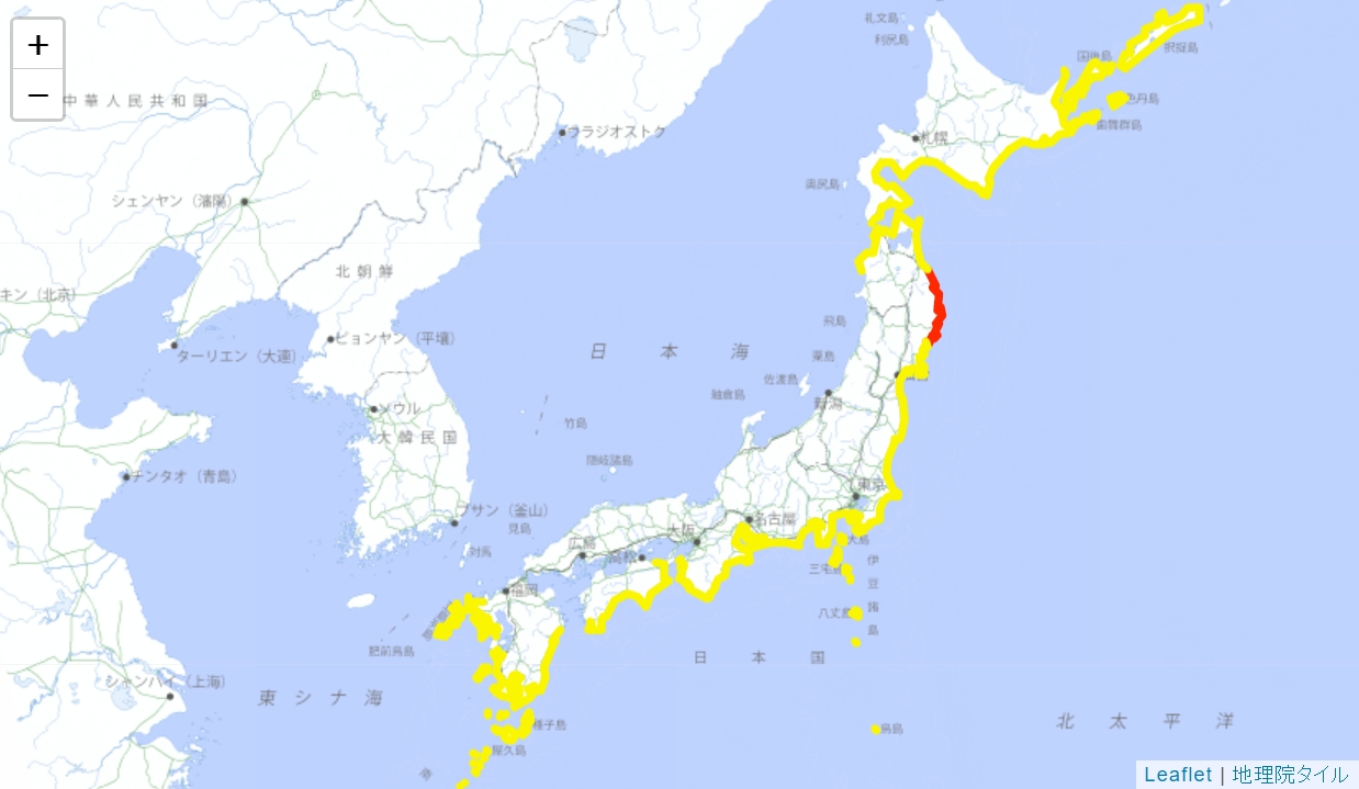 根據日本氣象廳最新資料顯示，目前只剩下剩岩手縣持續維持紅色警報。（翻攝自日本氣象廳）