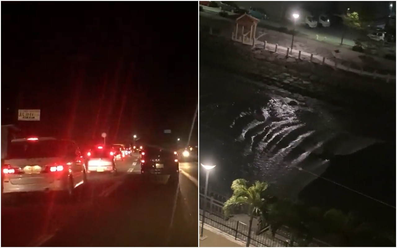 日本氣象廳凌晨發布「海嘯警報」，不少民眾凌晨警報接獲通知後，立刻駕車往高處避難，推特上也出現許多「逃亡」塞車畫面。（翻攝自推特）